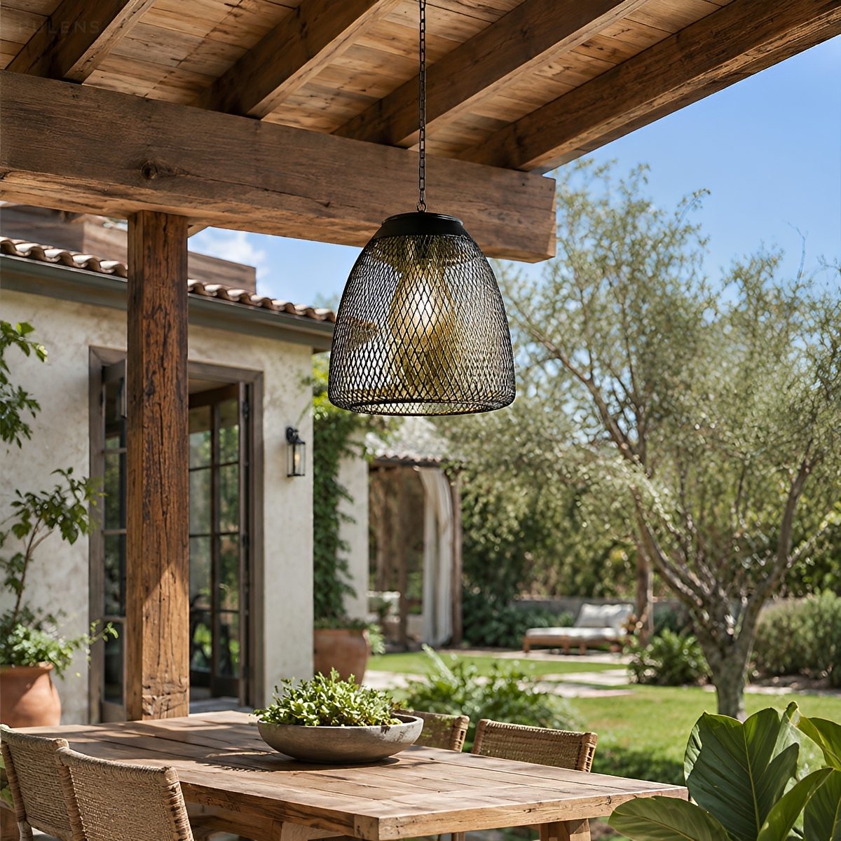 Waterproof Solar Rattan Boho Bell-Shaped Outdoor Pendant Light - Pulens