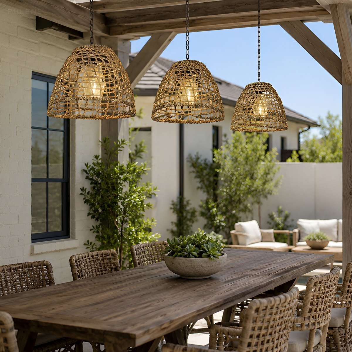 Waterproof Solar Rattan Boho Bell-Shaped Outdoor Pendant Light - Pulens