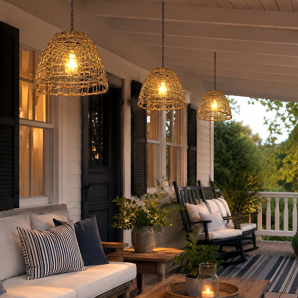 Waterproof Solar Rattan Boho Bell-Shaped Outdoor Pendant Light - Pulens