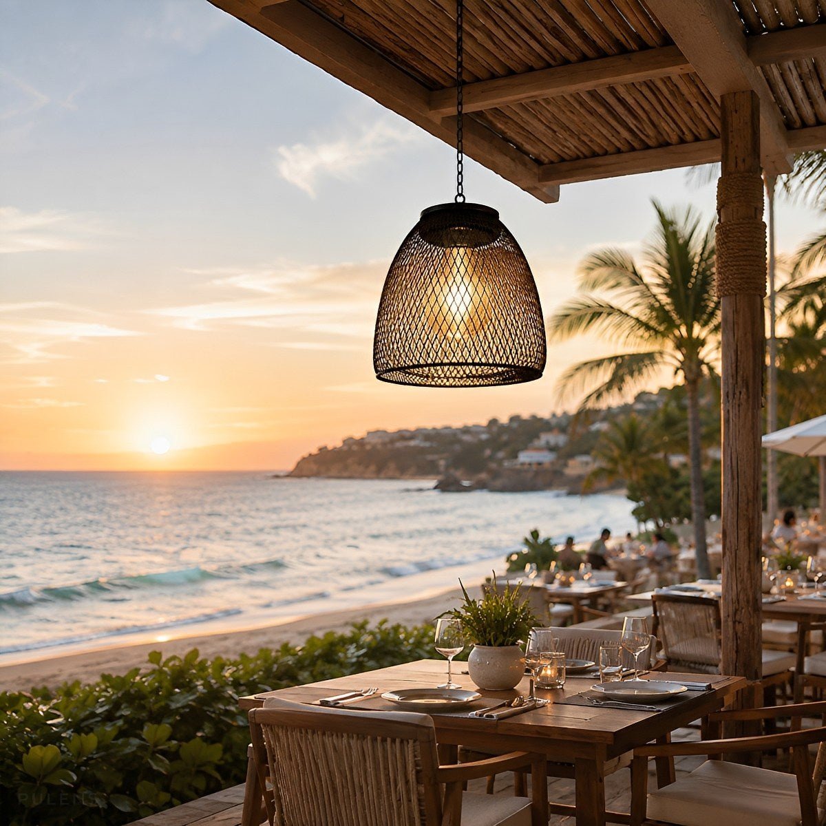 Waterproof Solar Rattan Boho Bell-Shaped Outdoor Pendant Light - Pulens