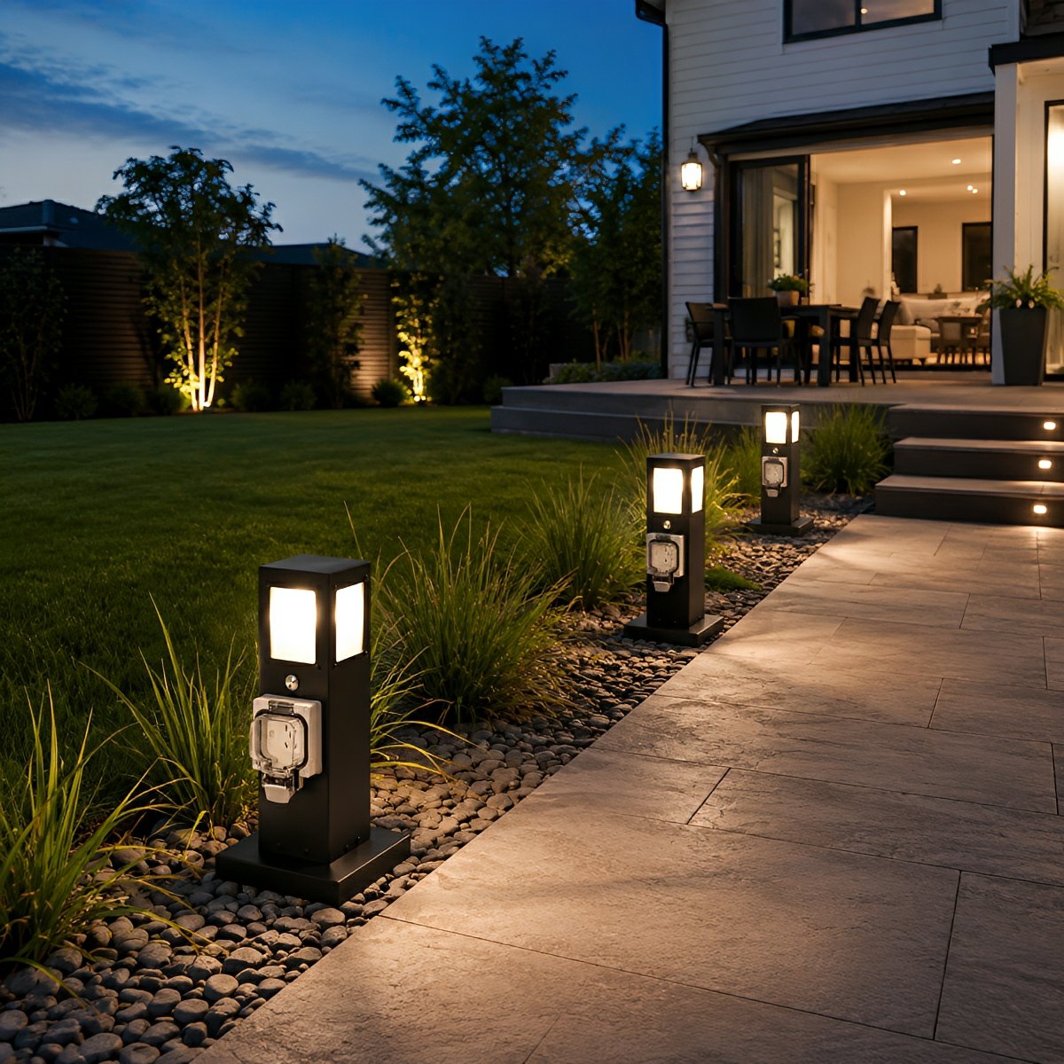 Steel Outdoor Waterproof Pathway Lights with GFCI-Protected Outlet