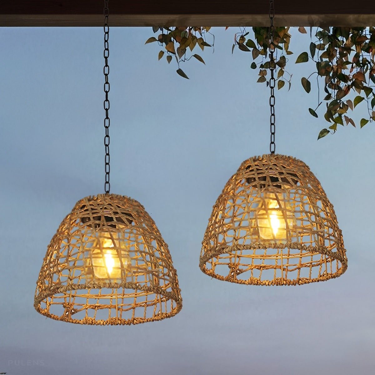 Waterproof Solar Rattan Boho Bell-Shaped Outdoor Pendant Light - Pulens