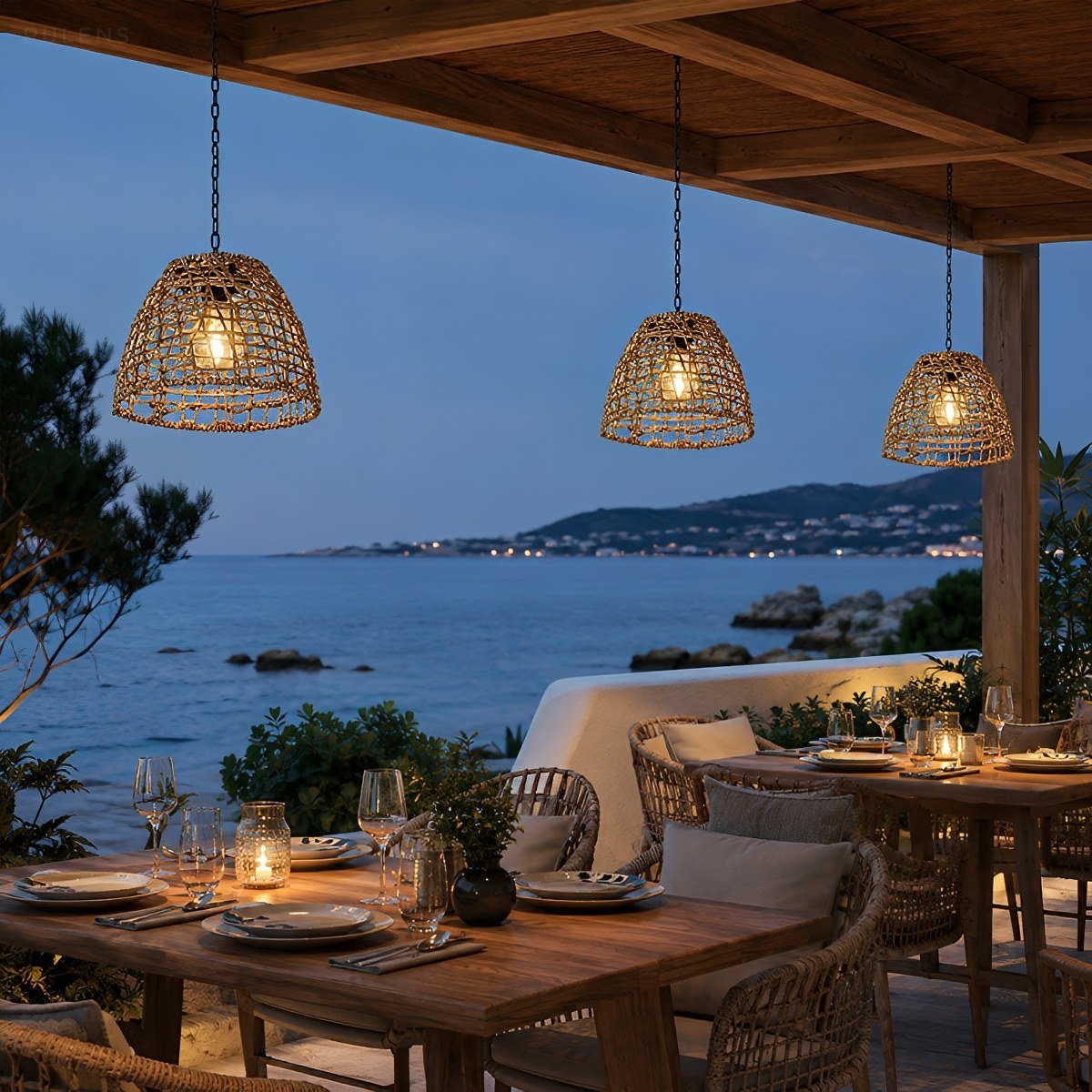 Waterproof Solar Rattan Boho Bell-Shaped Outdoor Pendant Light - Pulens