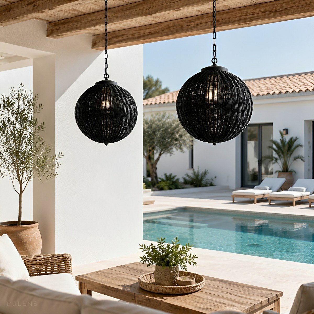 Dimmable Woven Rattan Globe Outdoor Pendant Light - Pulens