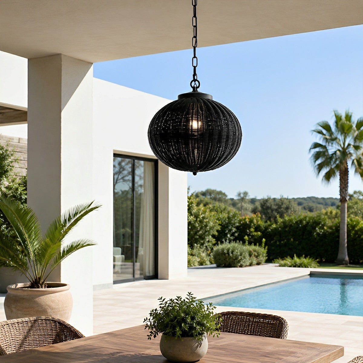Dimmable Woven Rattan Globe Outdoor Pendant Light - Pulens