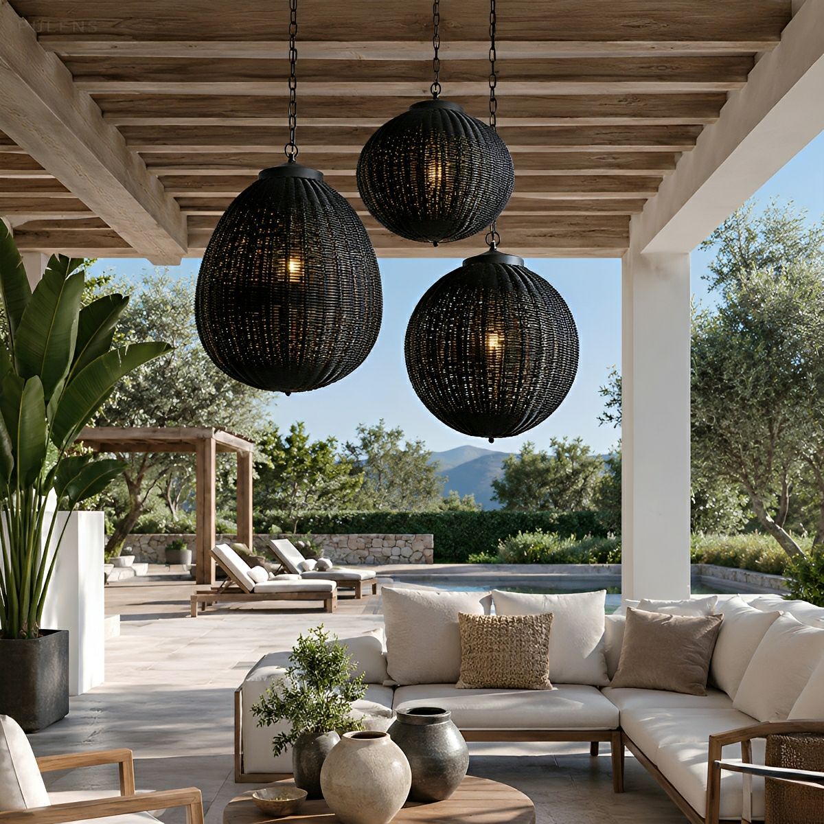 Dimmable Woven Rattan Globe Outdoor Pendant Light - Pulens