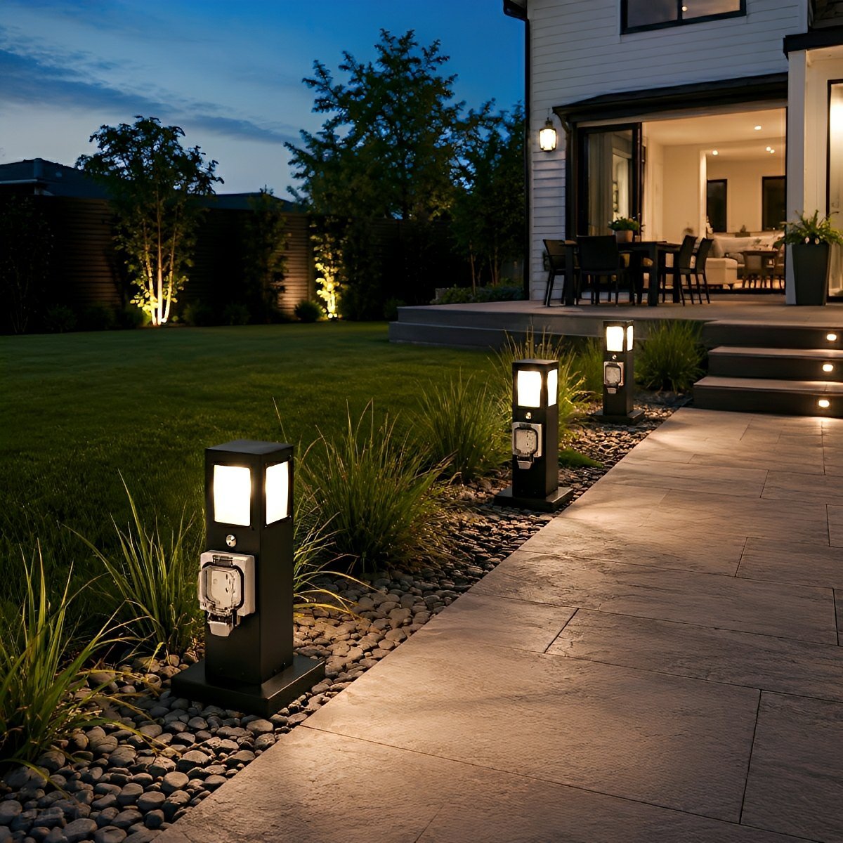 Steel Outdoor Waterproof Pathway Lights with GFCI-Protected Outlet - Pulens