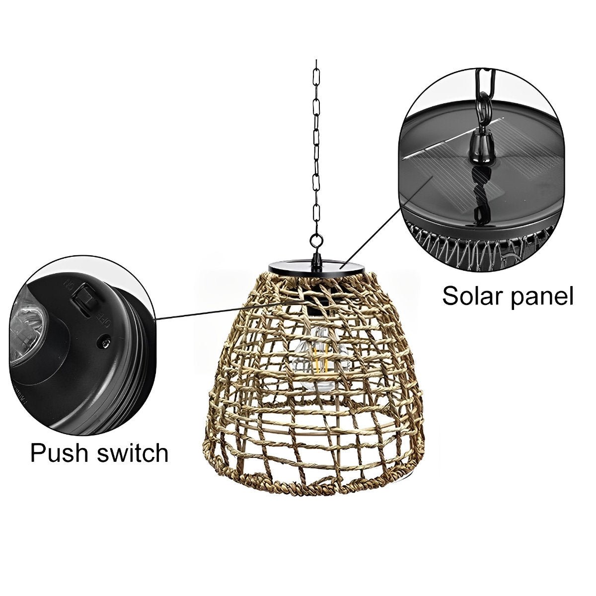 Waterproof Solar Rattan Boho Bell-Shaped Outdoor Pendant Light - Pulens