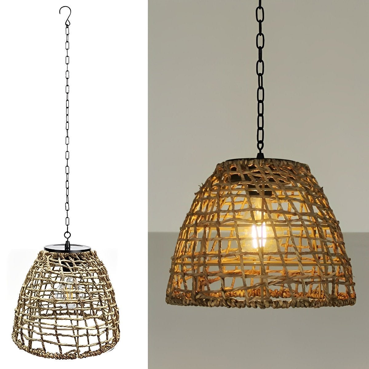 Waterproof Solar Rattan Boho Bell-Shaped Outdoor Pendant Light - Pulens